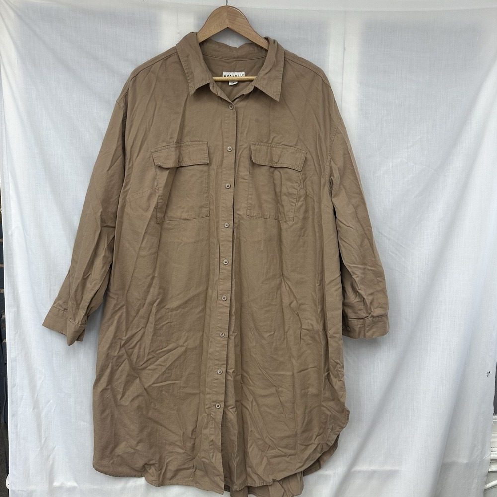 Ava & Viv Womens Tan Brown Button Down Midi Dress Plus Size 1X Long Sleeve Fall